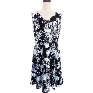Tommy Hilfiger Black White Dress V Neck Size 12 Floral Flower Print Striped